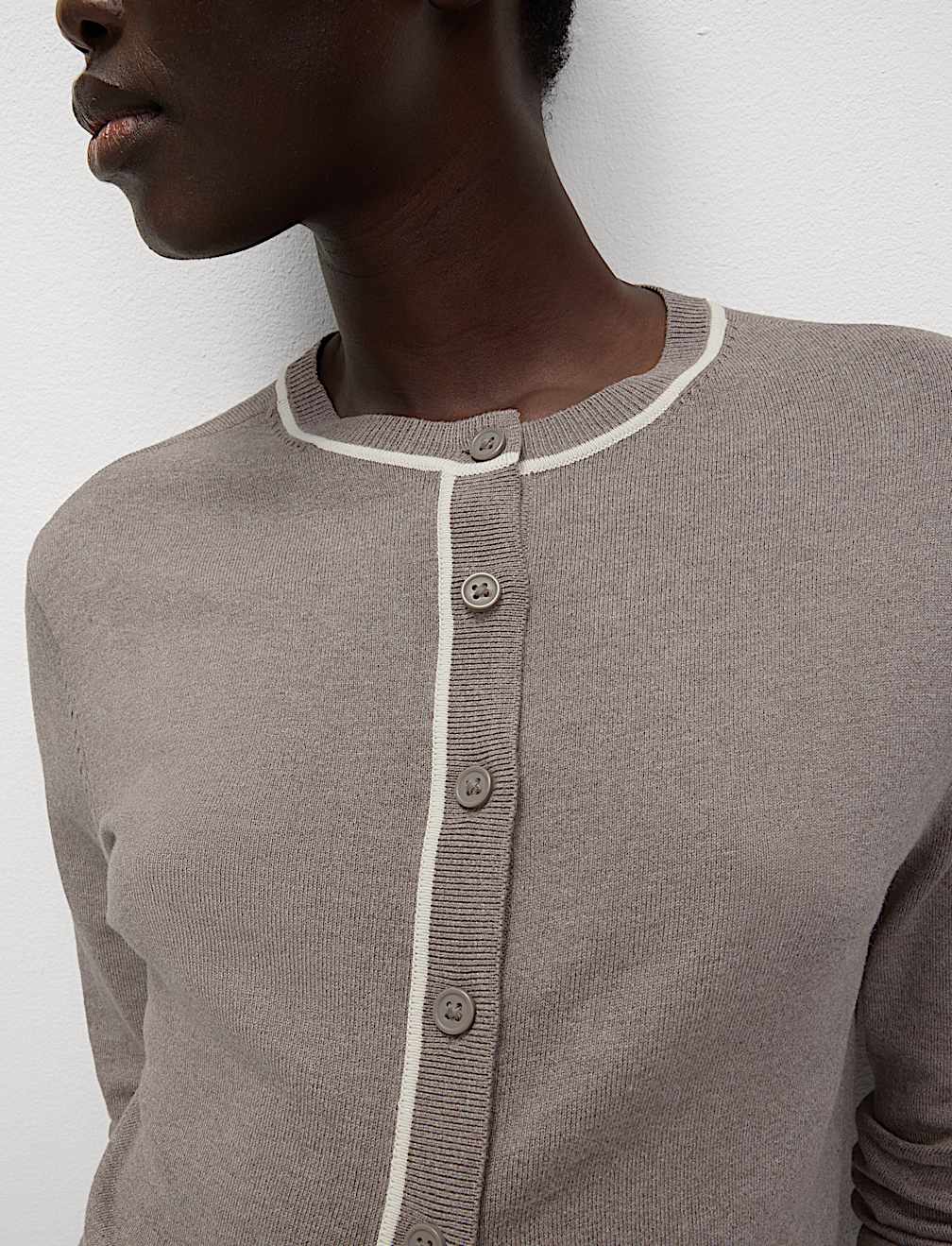Crew Neck Tipped Detail Button Front Cardigan