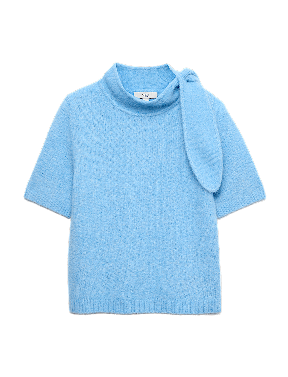Wool Blend Scarf Neck Tie Knitted Short Sleeve Top