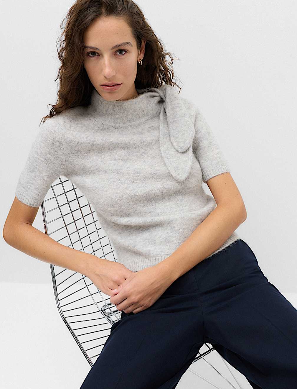 Wool Blend Scarf Neck Tie Knitted Short Sleeve Top