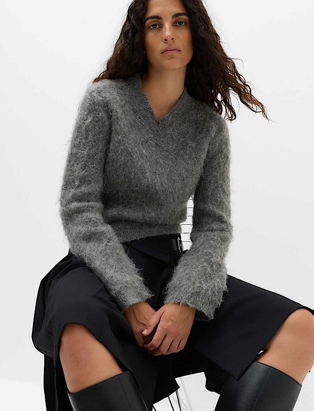 Wool Blend V-Neck Jumper with Mohair