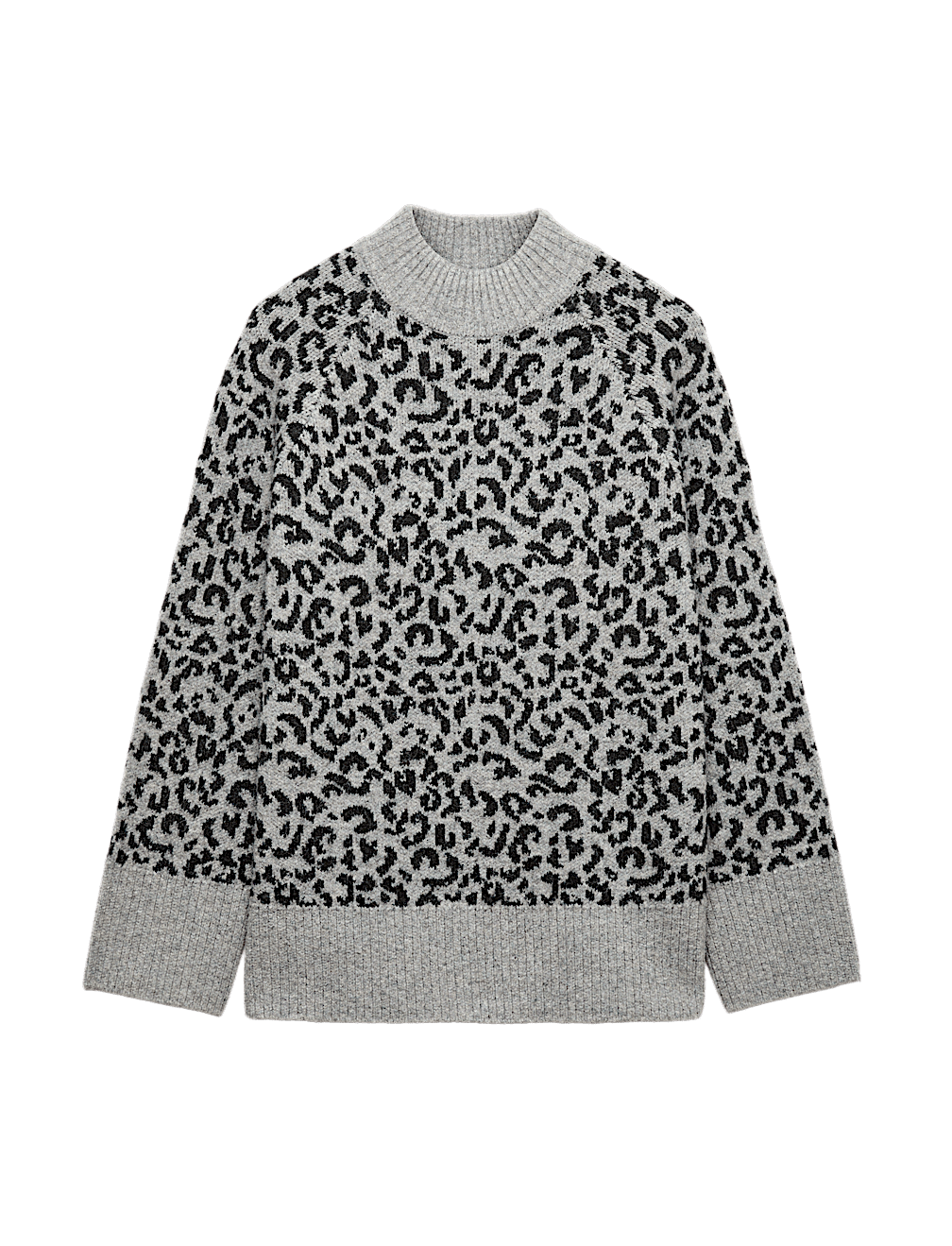 Animal Print Funnel Neck Relaxed Fit Jumper with Wool