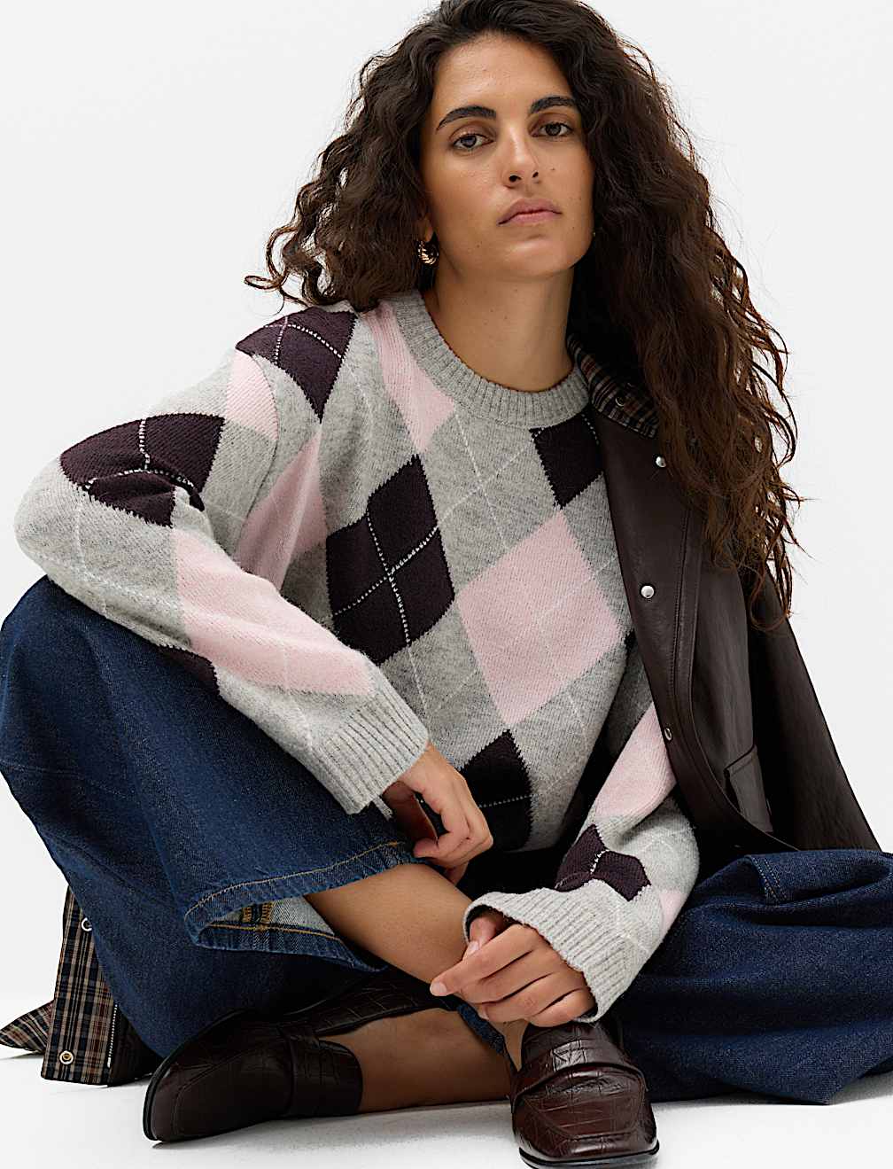 Argyle Crew Neck Relaxed Jumper
