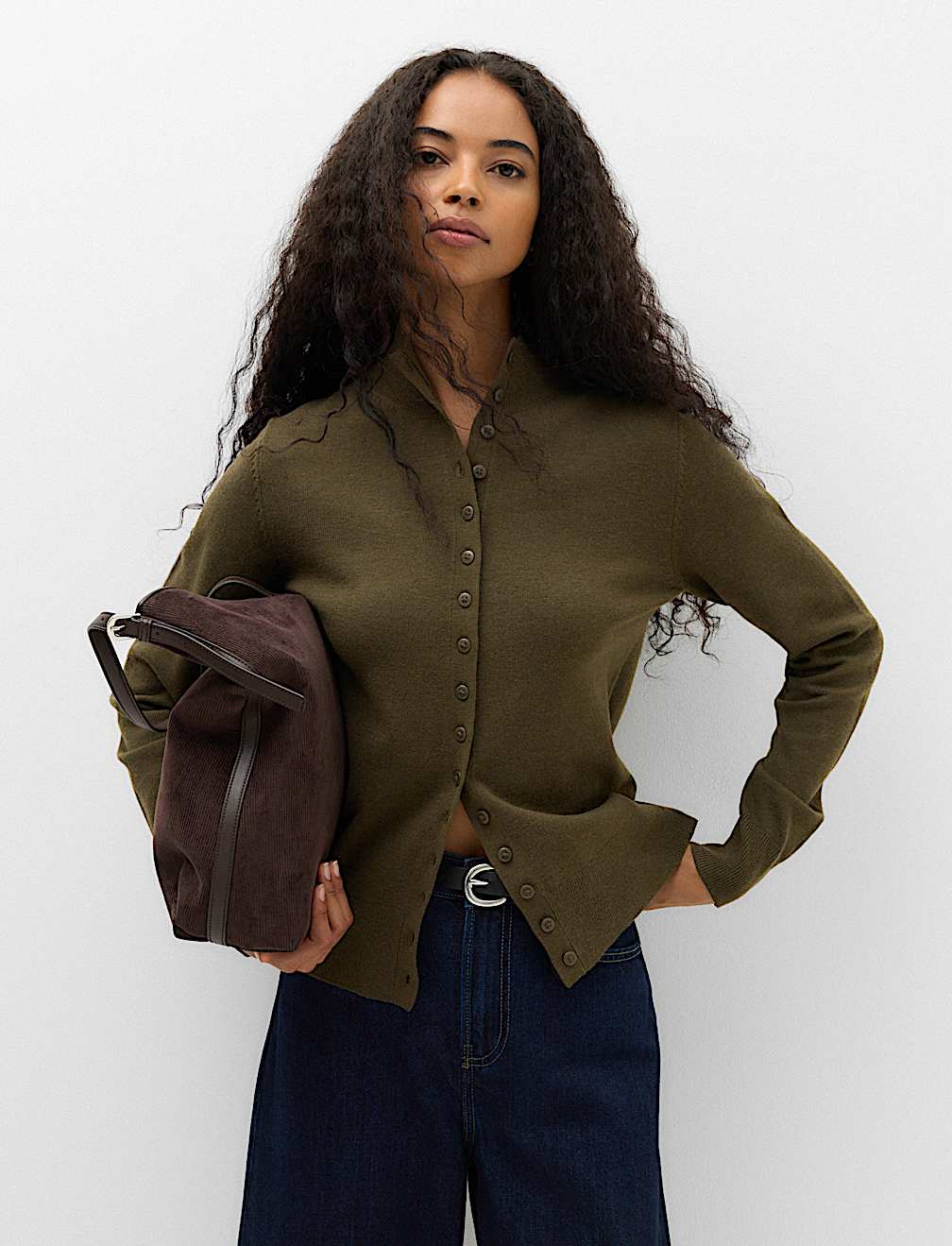 Funnel Neck Slim Fit Cardigan with Wool