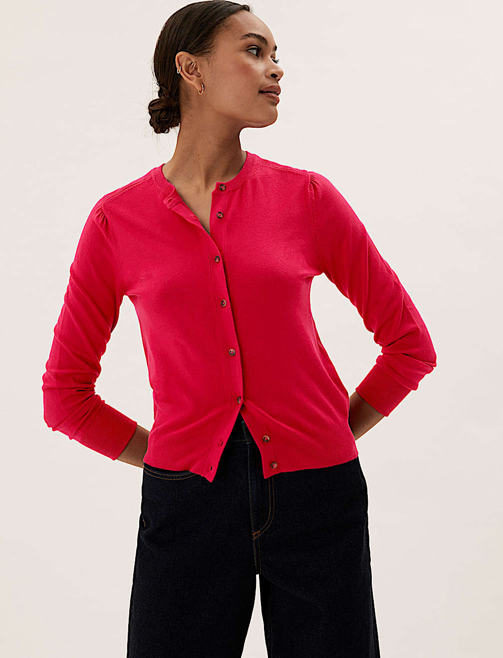 Crew Neck Button Front Cardigan