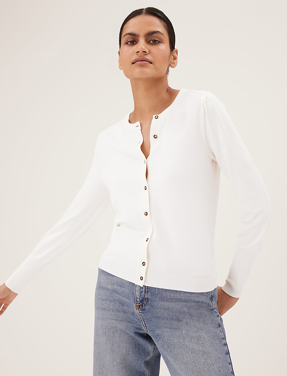 Crew Neck Button Front Cardigan