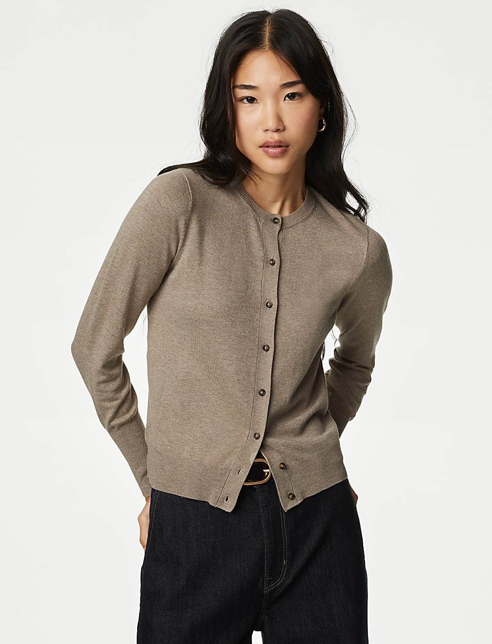 Crew Neck Button Front Cardigan