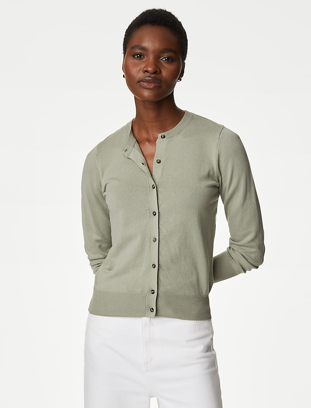 Crew Neck Button Front Cardigan