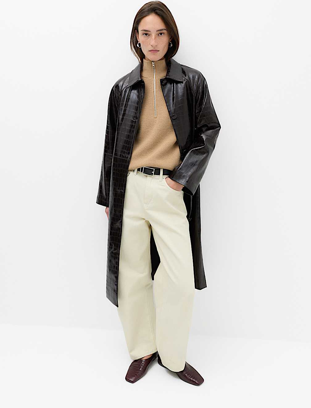 Wool Blend Textured Funnel Neck Half Zip Jumper
