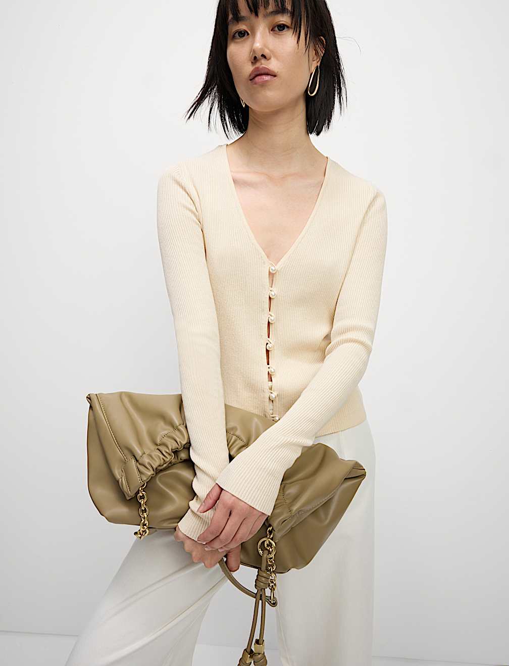 Ribbed V-Neck Button Front Cardigan