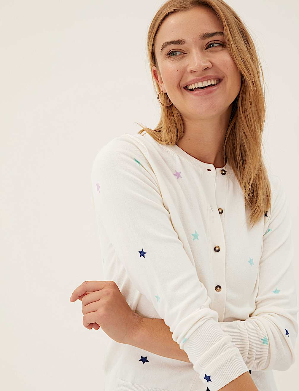 Star Print Crew Neck Button Front Cardigan