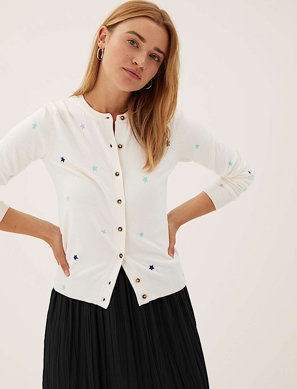 Star Print Crew Neck Button Front Cardigan