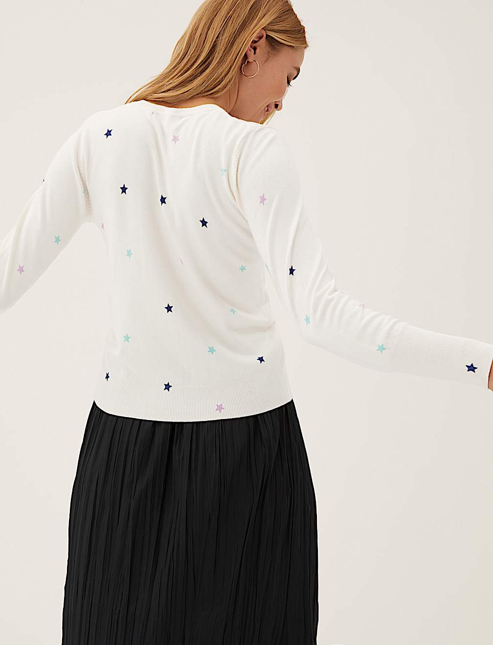Star Print Crew Neck Button Front Cardigan