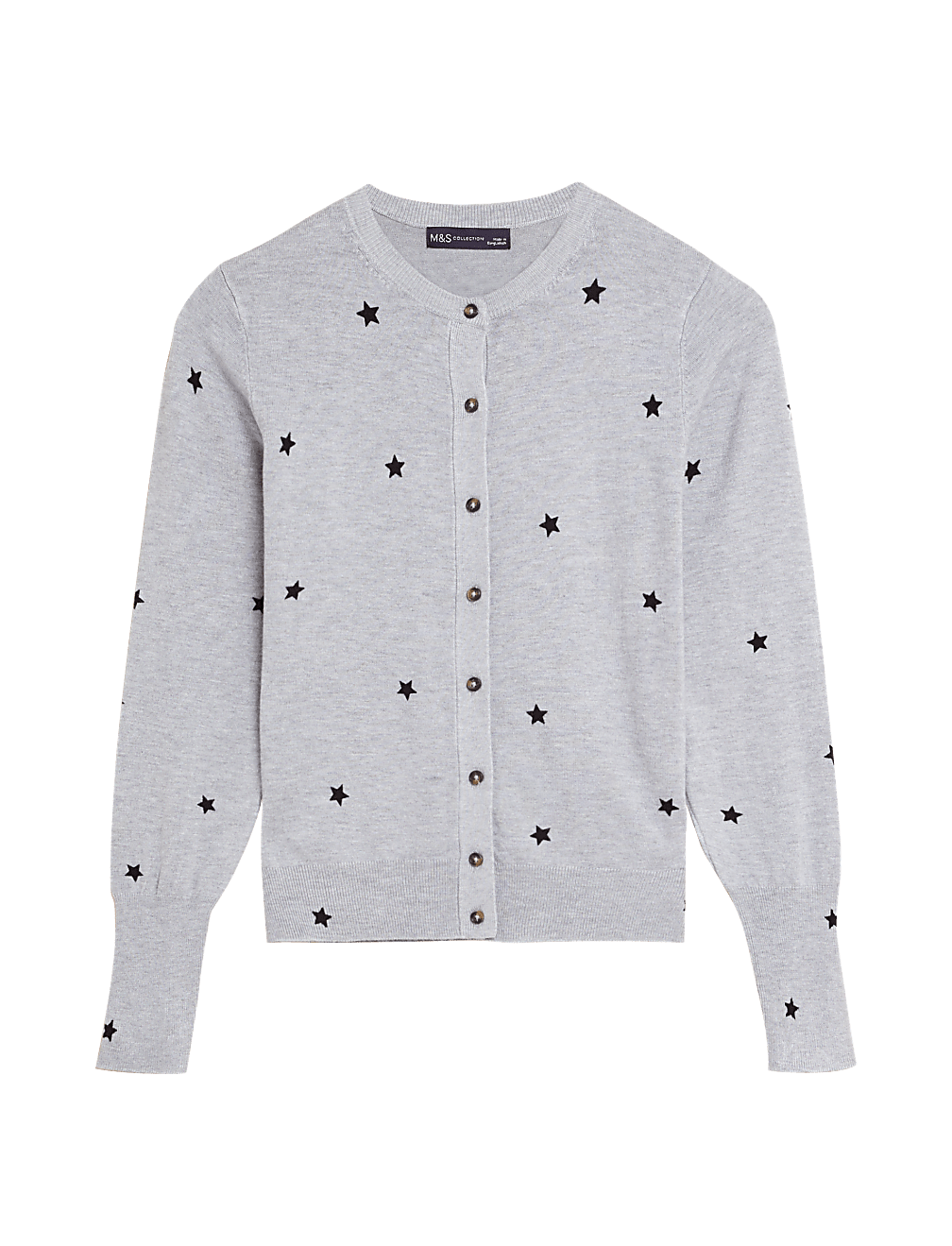 Star Print Crew Neck Button Front Cardigan