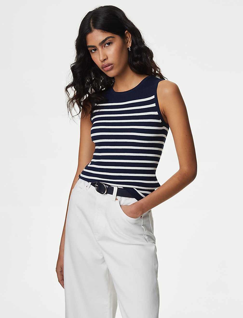 Ribbed Striped Crew Neck Knitted Vest