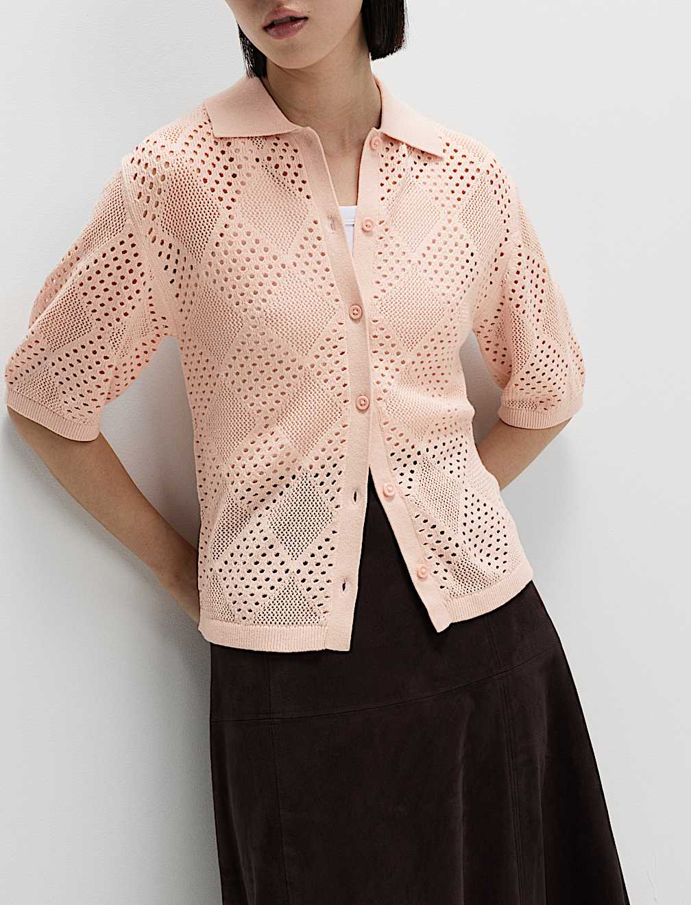 Cotton Rich Textured Collared Knitted Top