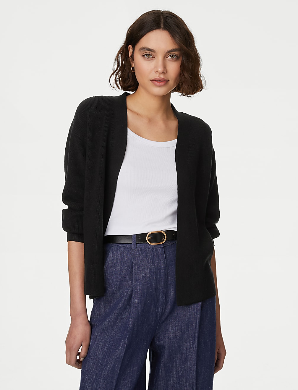 Cotton Rich Ribbed V-Neck Edge to Edge Cardigan