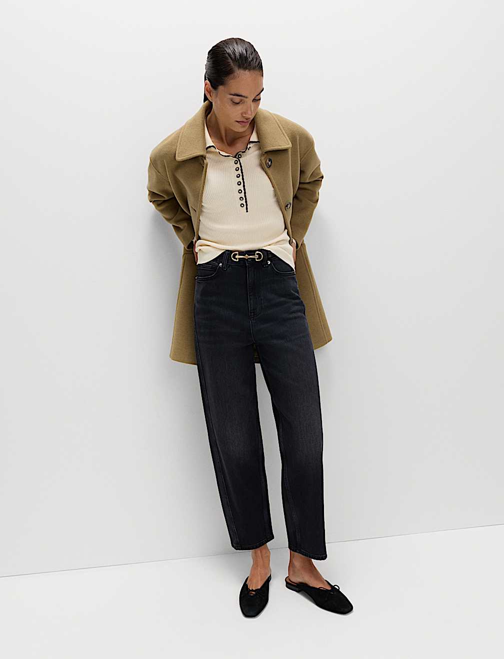 Ribbed Collared Button Detail Knitted Top