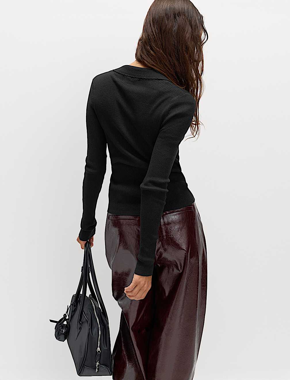 Ribbed Collared Button Detail Knitted Top