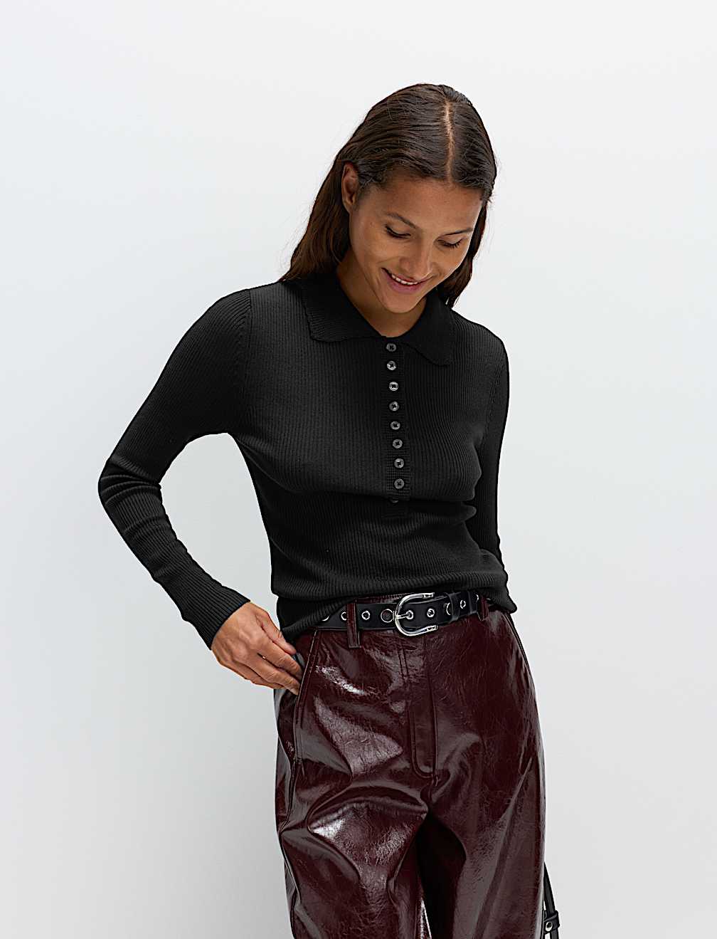 Ribbed Collared Button Detail Knitted Top