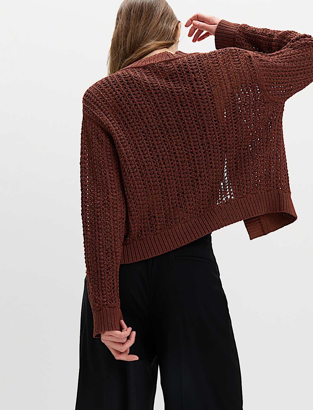 Cotton Blend Open Stitch Relaxed Cropped Cardigan