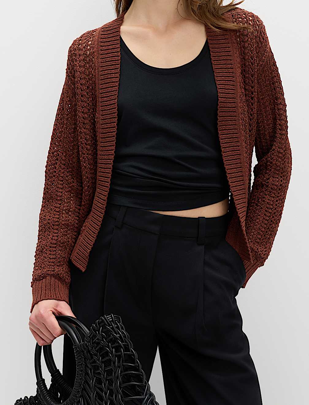 Cotton Blend Open Stitch Relaxed Cropped Cardigan