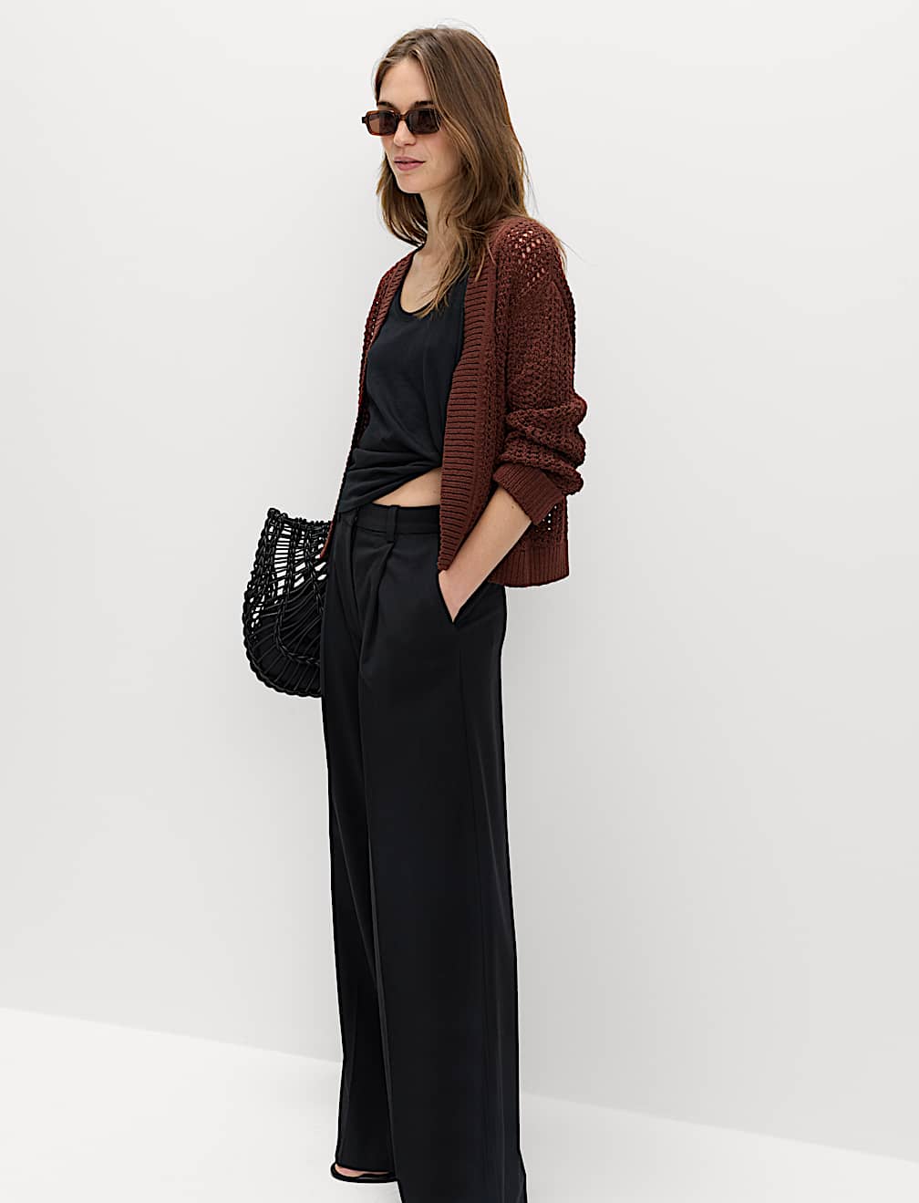 Cotton Blend Open Stitch Relaxed Cropped Cardigan
