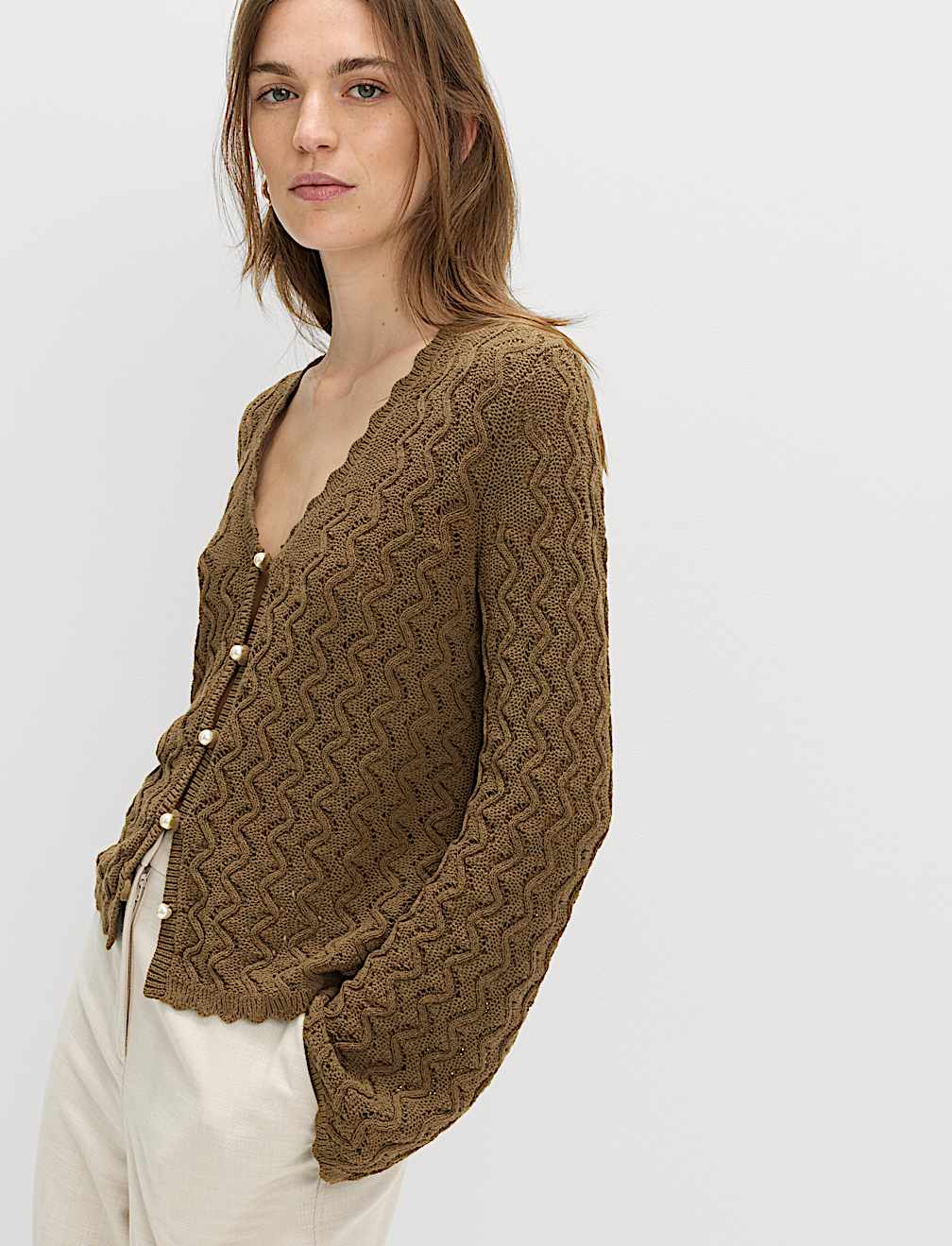 Cotton Rich Pearl Detail Scallop Edge Cardigan