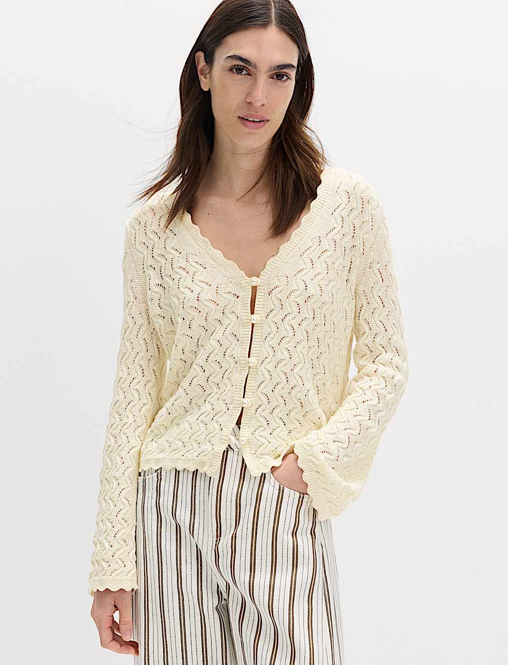 Cotton Rich Pearl Detail Scallop Edge Cardigan