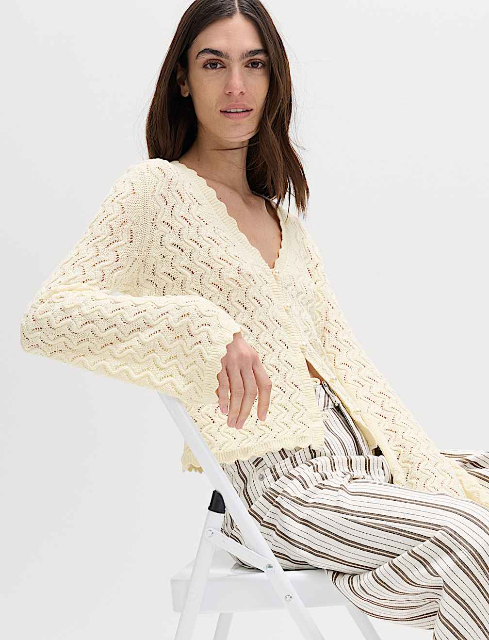 Cotton Rich Pearl Detail Scallop Edge Cardigan
