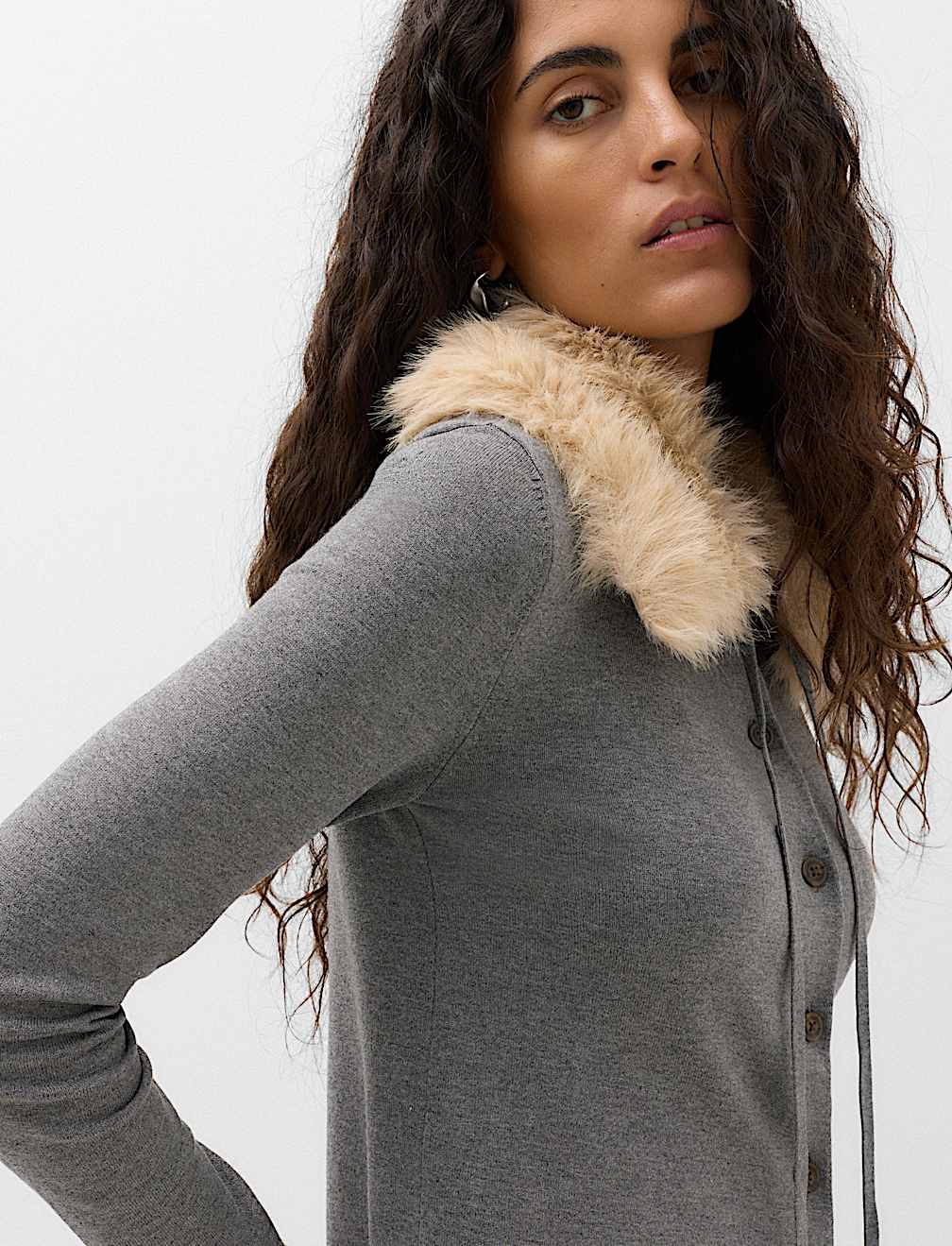 Faux Fur Collar Button Front Cardigan