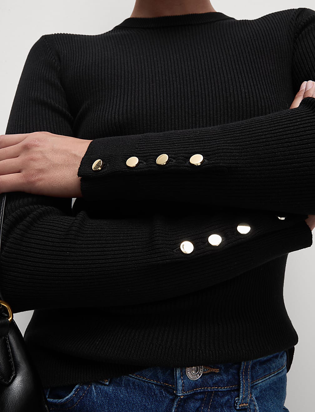 Ribbed Crew Neck Button Detail Jumper