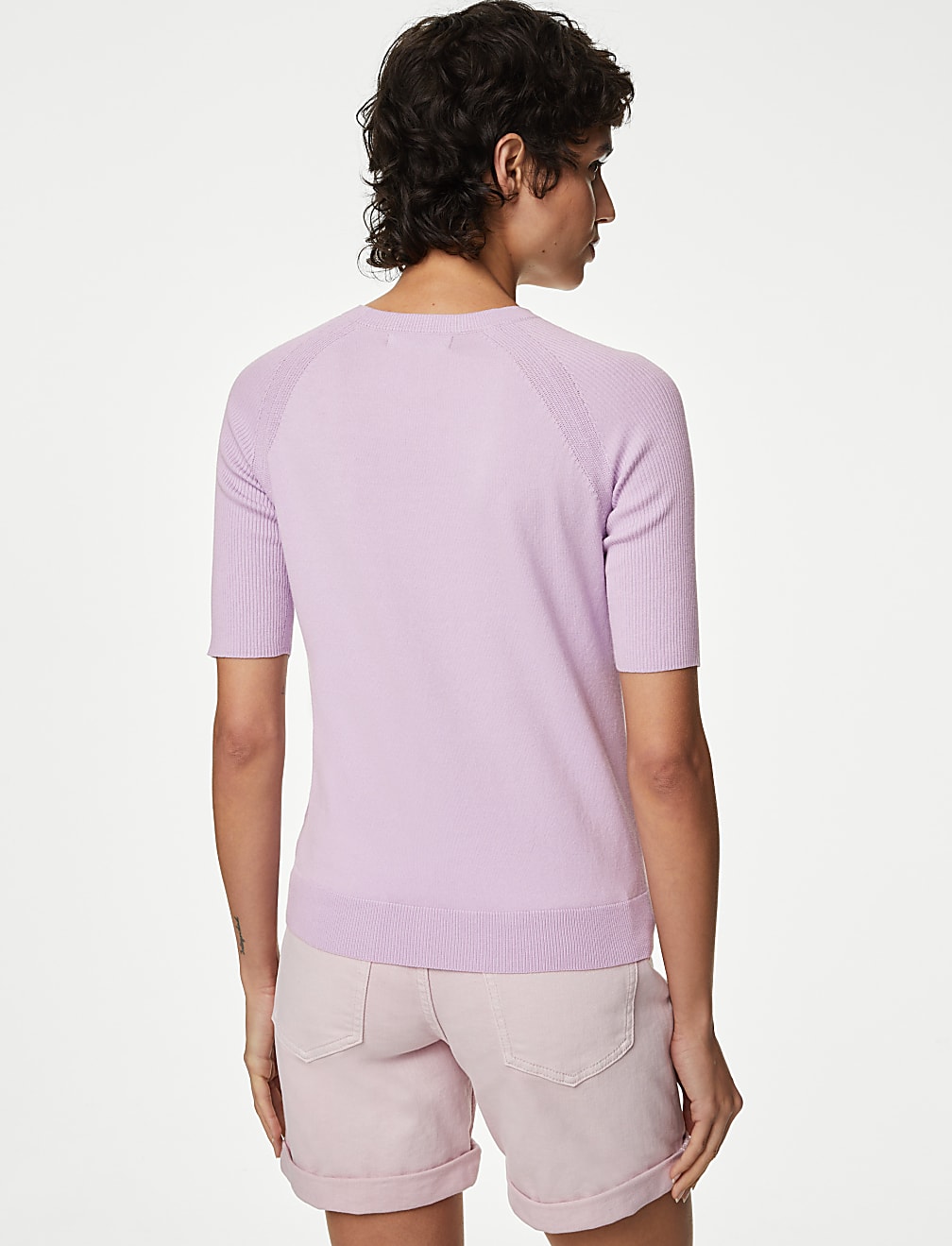 Cotton Rich Ribbed Crew Neck Knitted Top