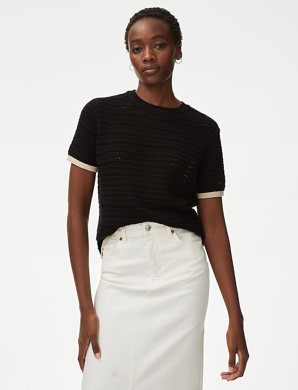 Cotton Rich Textured Tipped Knitted Top
