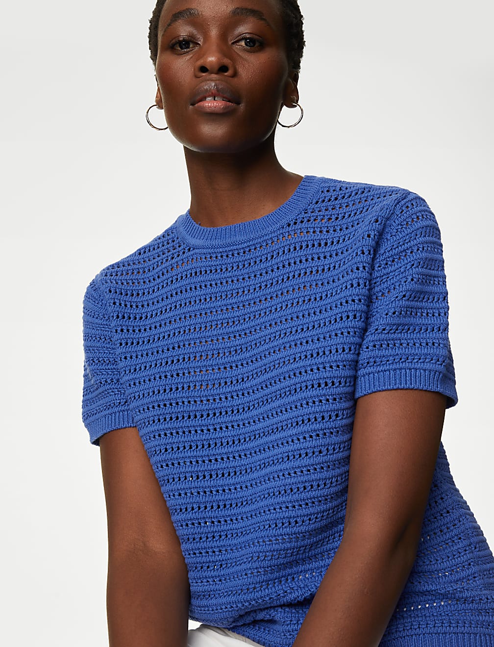 Cotton Rich Crew Neck Textured Knitted Top