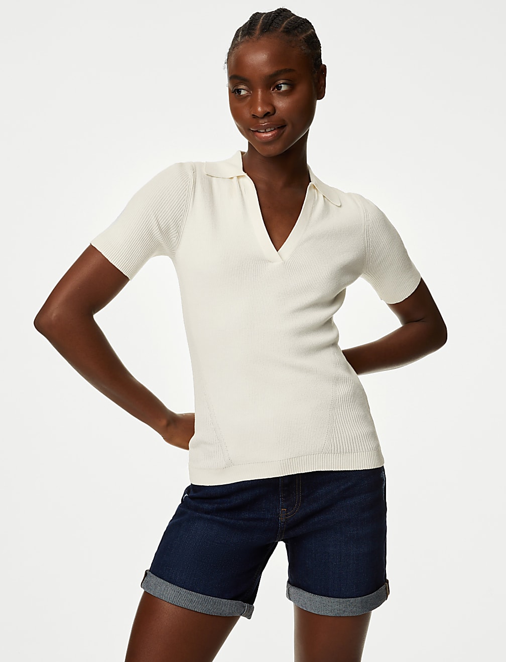 Cotton Rich Ribbed Collared Knitted Top