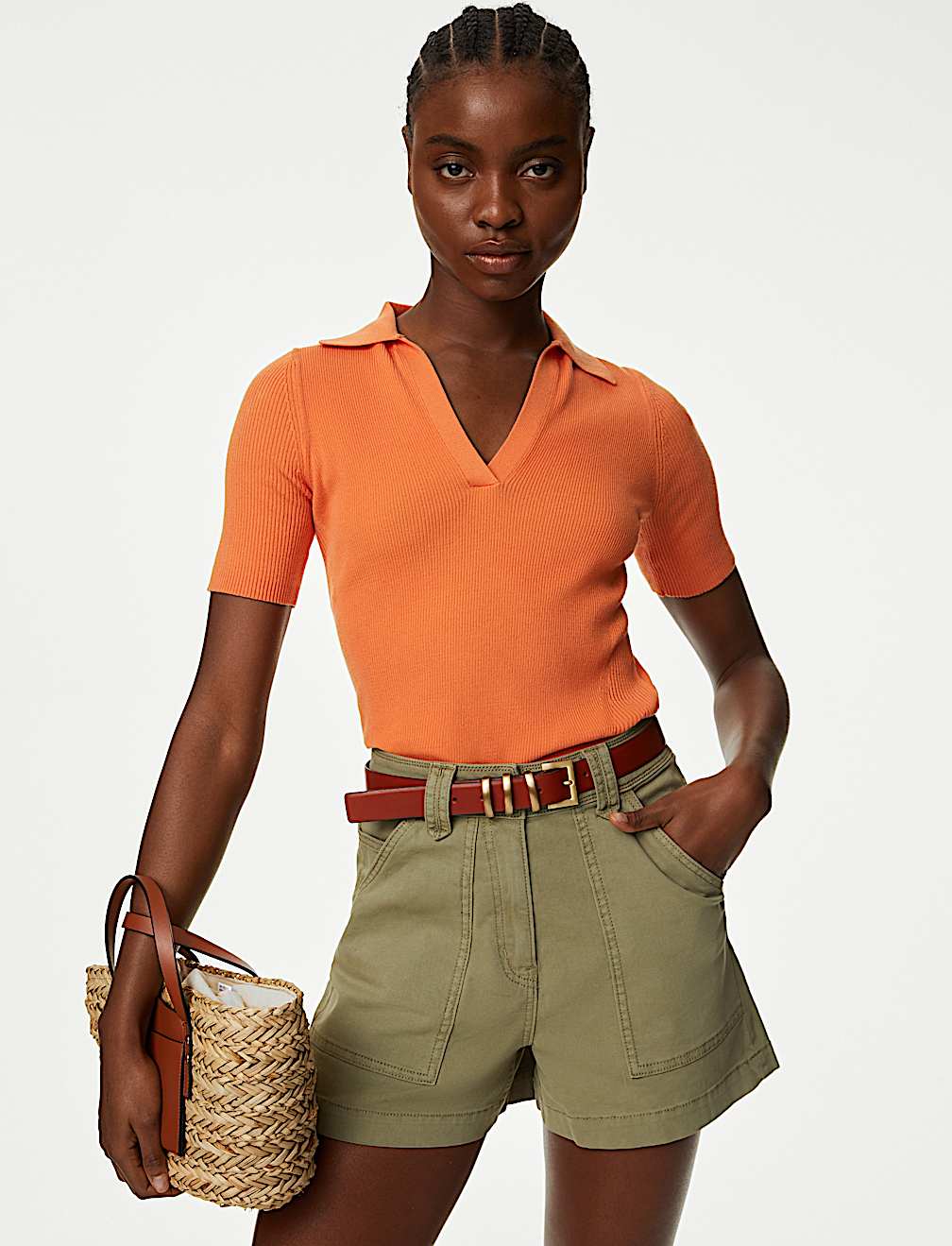 Cotton Rich Ribbed Collared Knitted Top