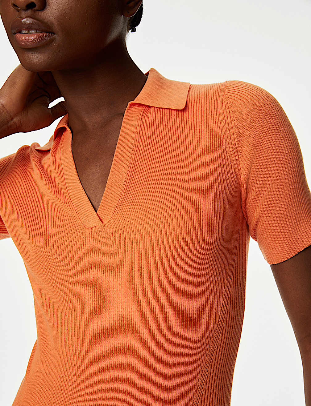 Cotton Rich Ribbed Collared Knitted Top