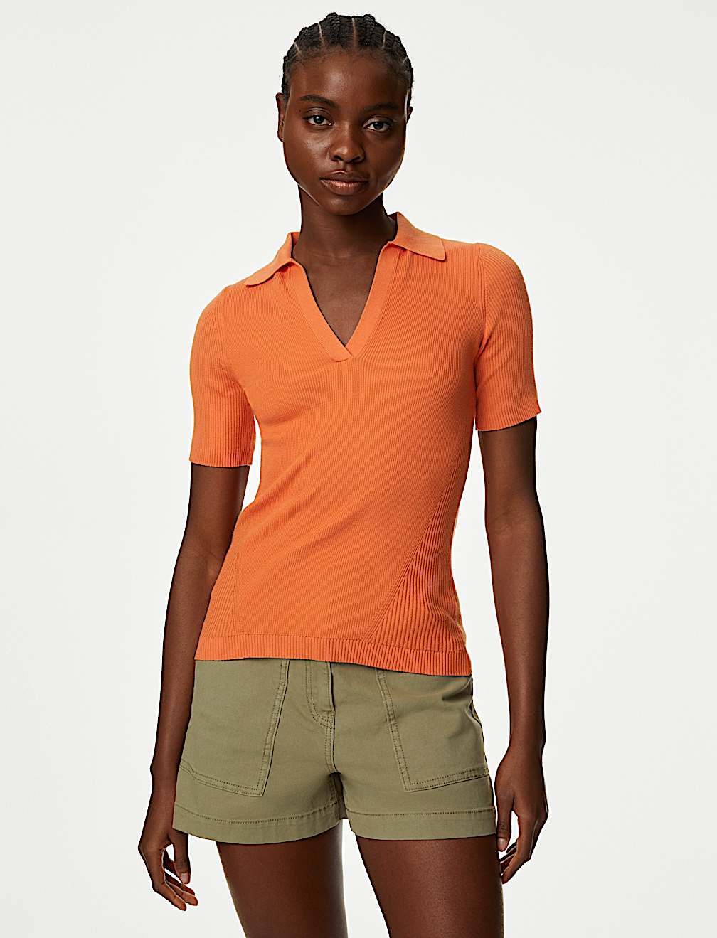 Cotton Rich Ribbed Collared Knitted Top