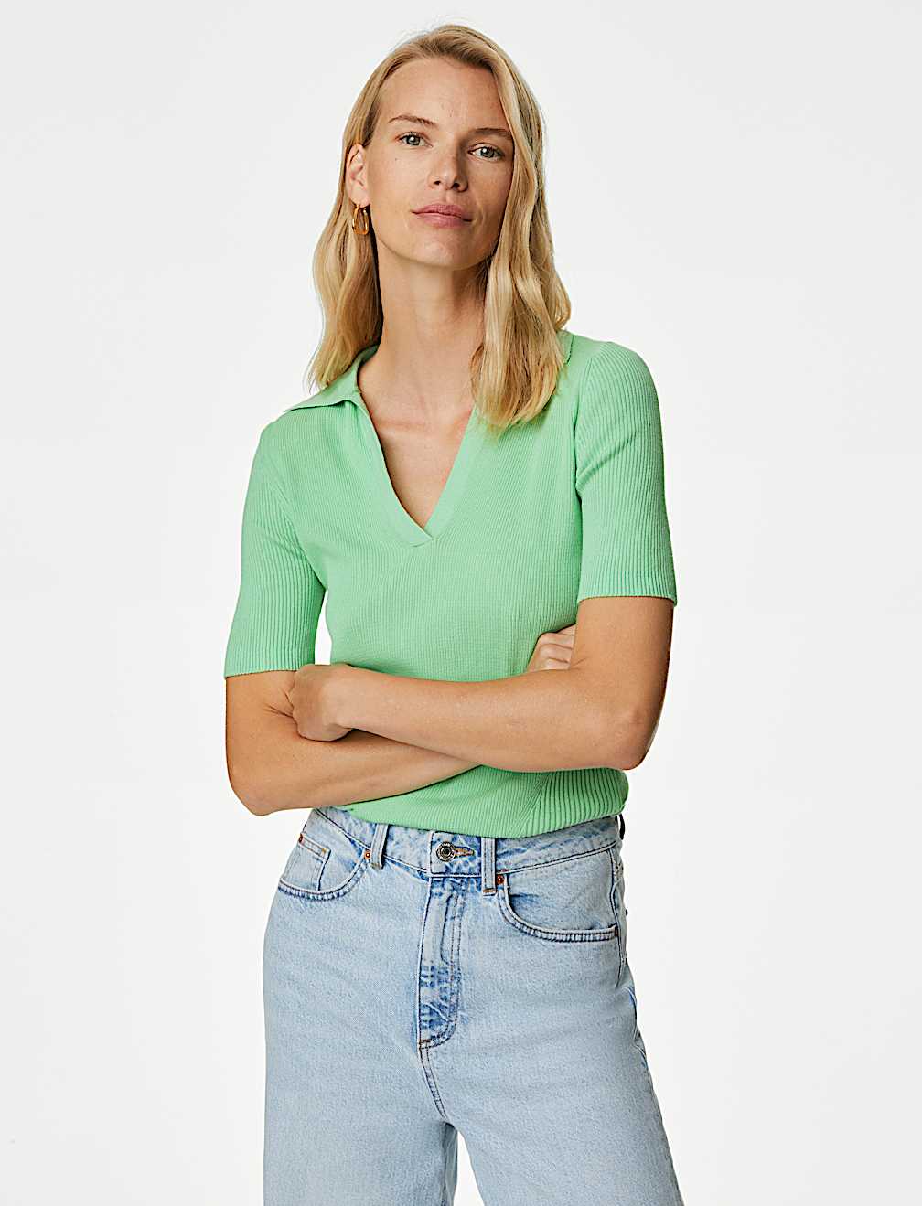 Cotton Rich Ribbed Collared Knitted Top