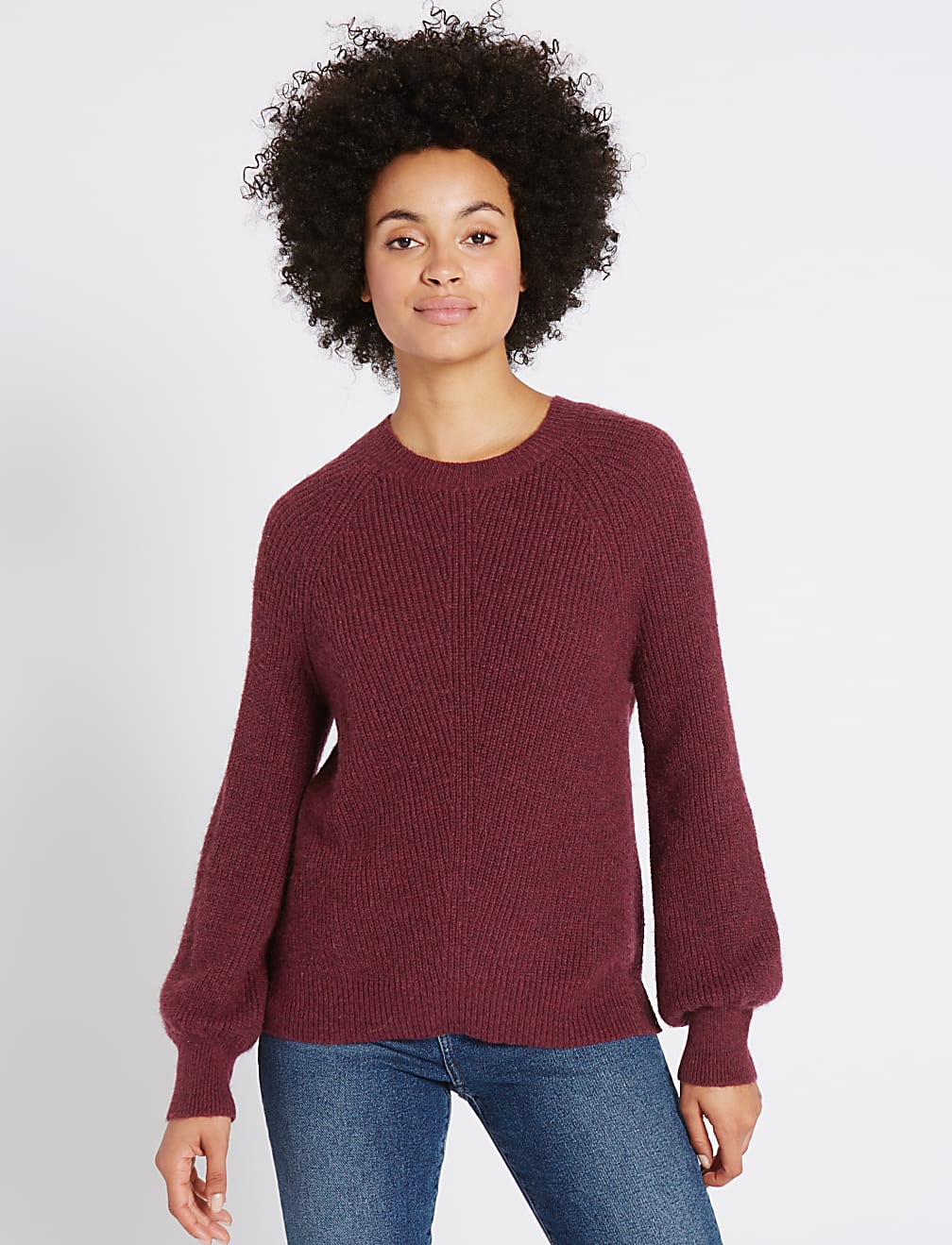 Ribbed Balloon Sleeve Round Neck Jumper