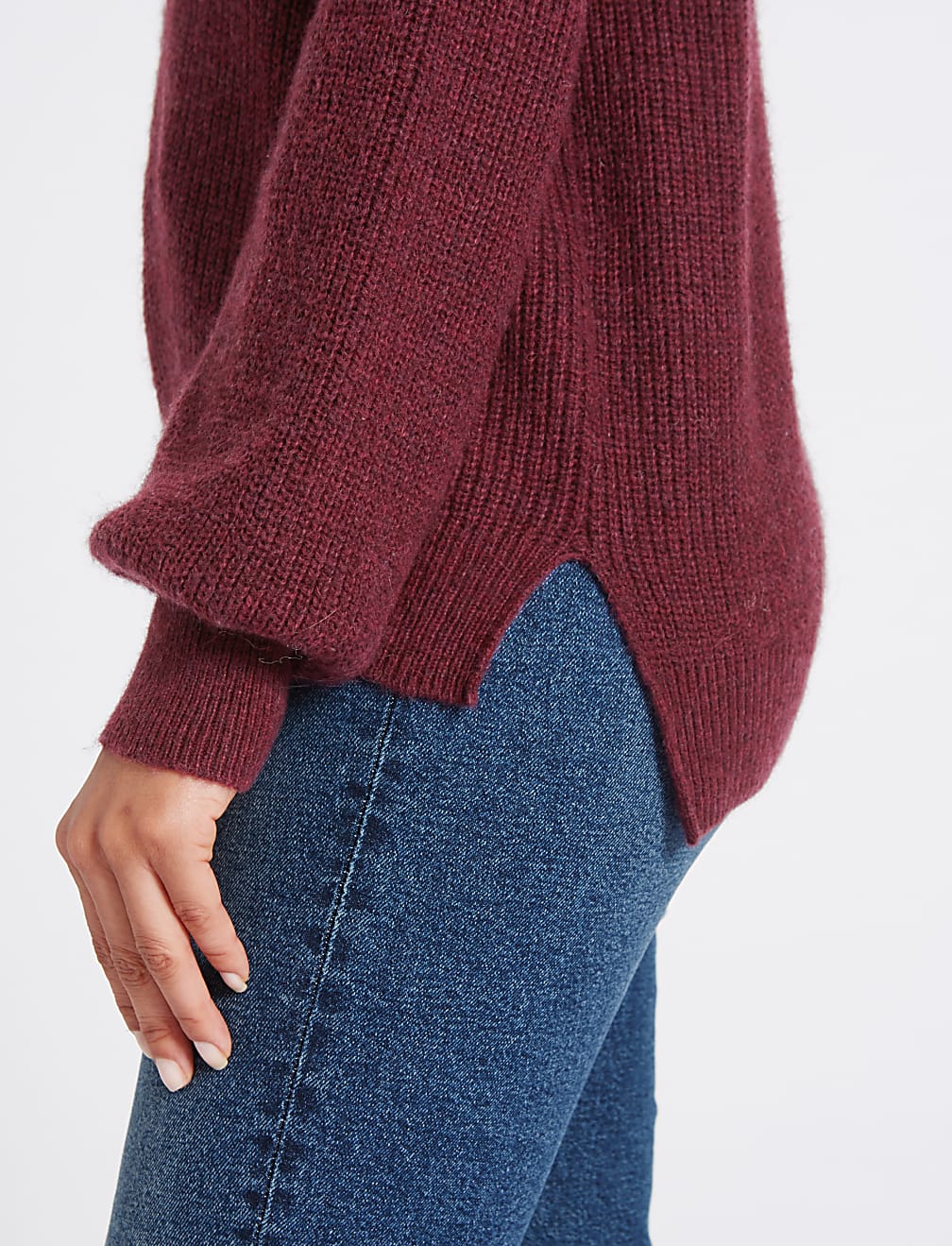 Ribbed Balloon Sleeve Round Neck Jumper