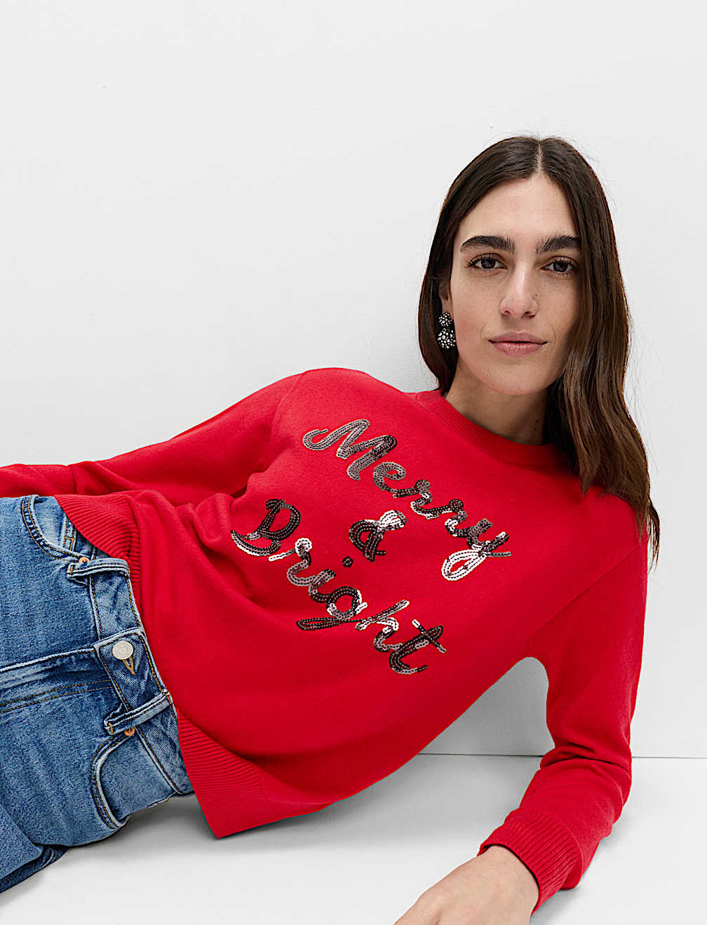 Air-Yarn Sequin Slogan Crew Neck Jumper