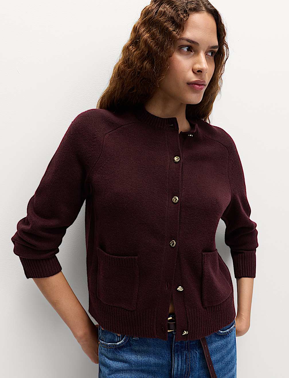 Air-Yarn Crew Neck Button Front Cropped Cardigan