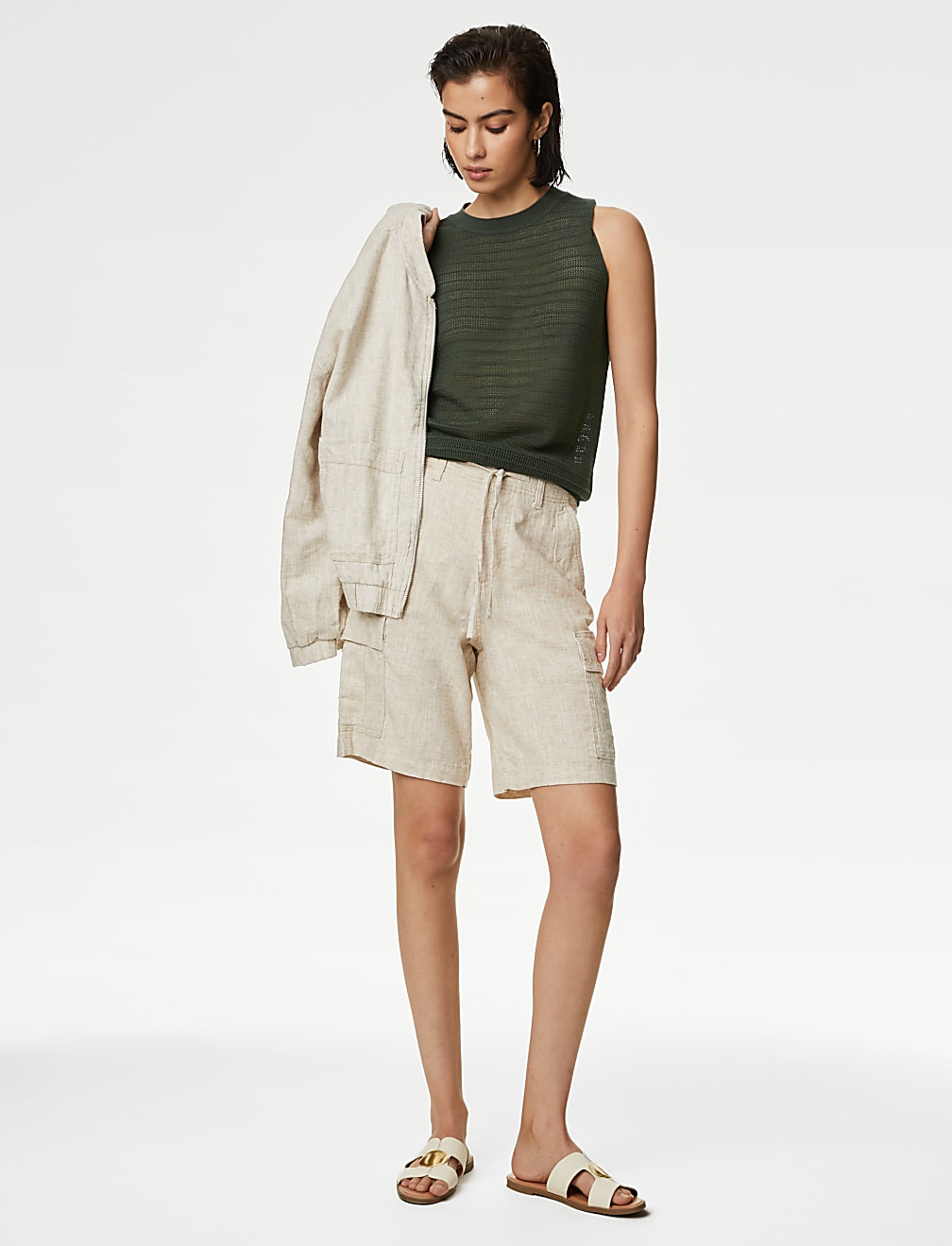 Textured Crew Neck Knitted Vest with Linen