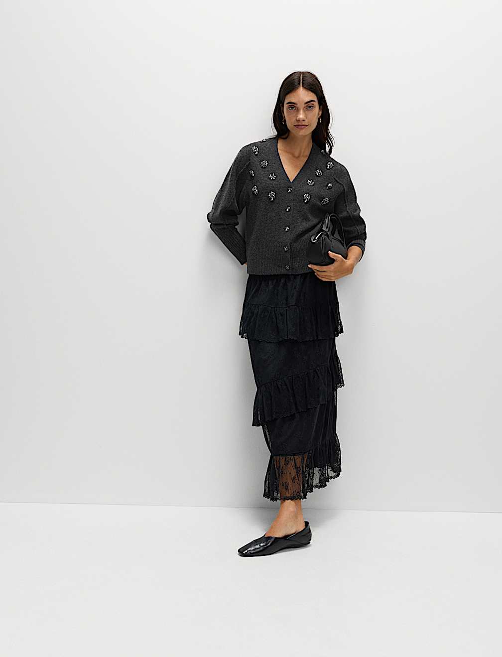 Embellished V-Neck Cardigan with Wool