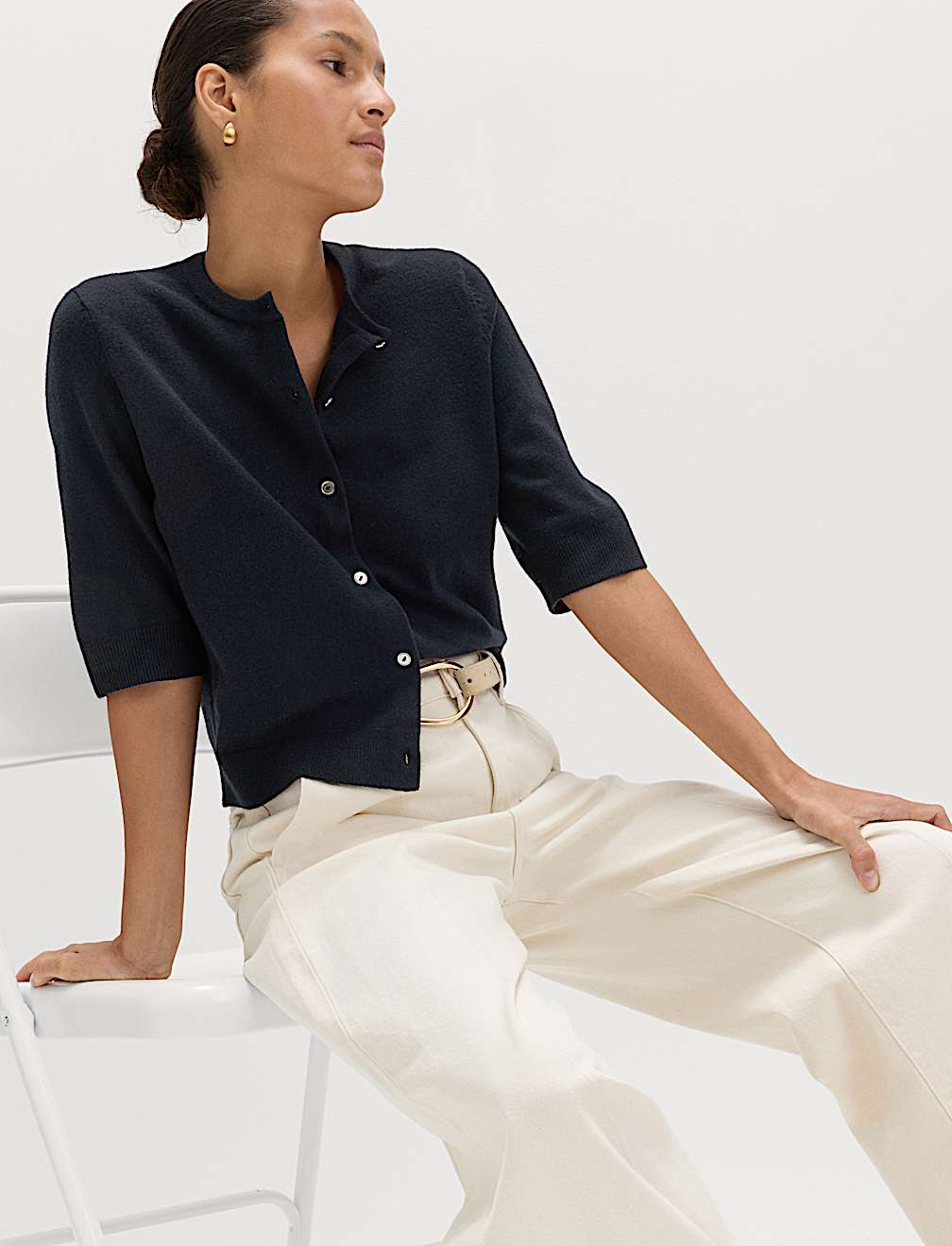 Air-Yarn Button Front Short Sleeve Cropped Cardigan