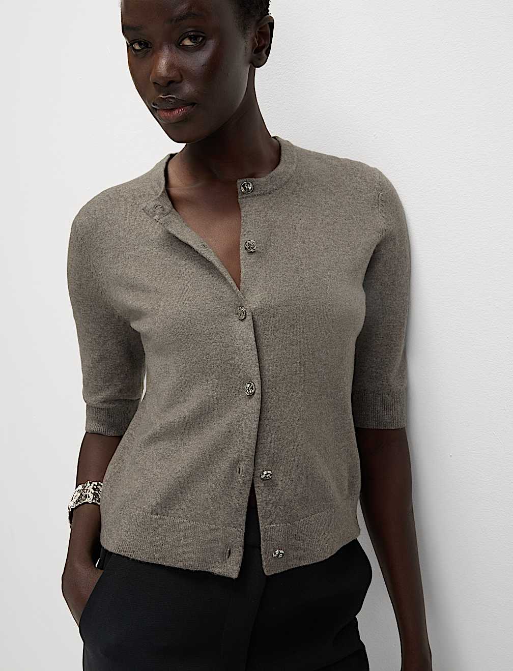 Air-Yarn Button Front Short Sleeve Cropped Cardigan