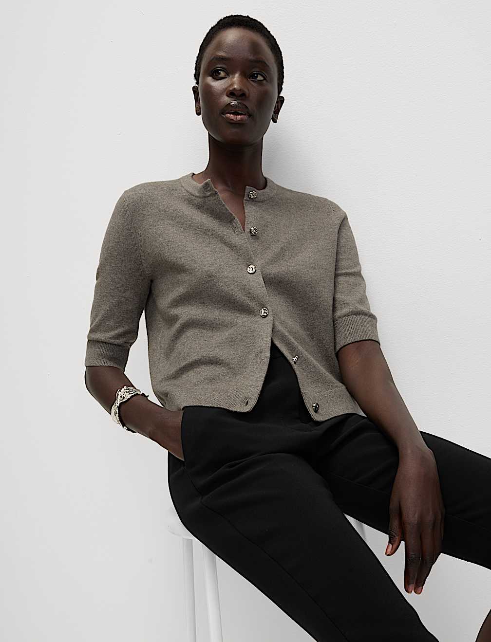 Air-Yarn Button Front Short Sleeve Cropped Cardigan