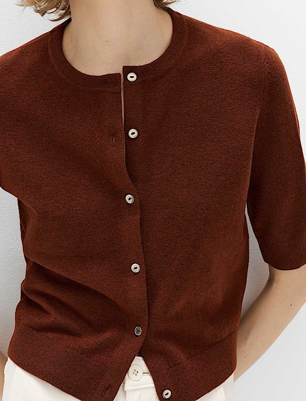 Air-Yarn Button Front Short Sleeve Cropped Cardigan