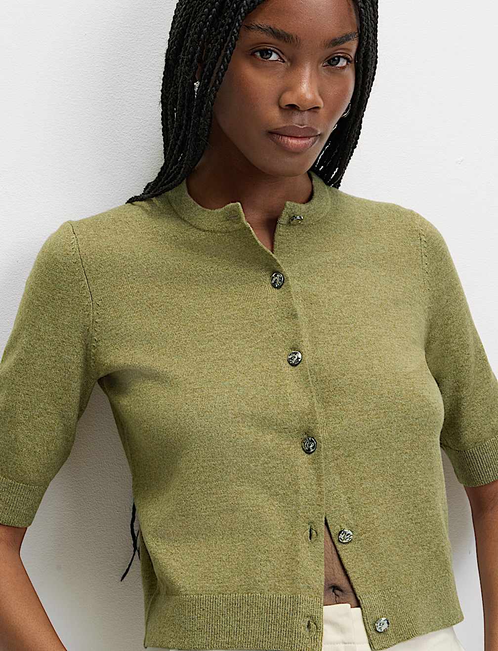 Air-Yarn Button Front Short Sleeve Cropped Cardigan